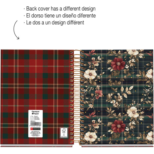 Carnet - A6 - 10,5x14,8cm - Spirale - 100 pages lignées - Tartan fleuri - Miquelrius