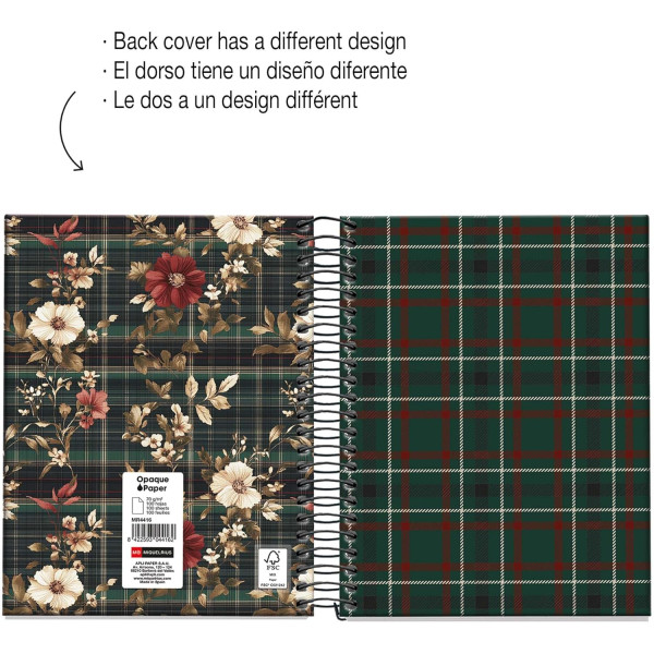 Carnet - A6 - 10,5x14,8cm - Spirale - 100 pages blanches - Tartan vert - Miquelrius
