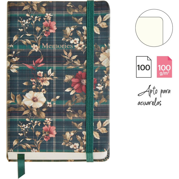 Carnet - 9x14cm - 100 pages blanches - Couverture tartan fleuri - Miquelrius