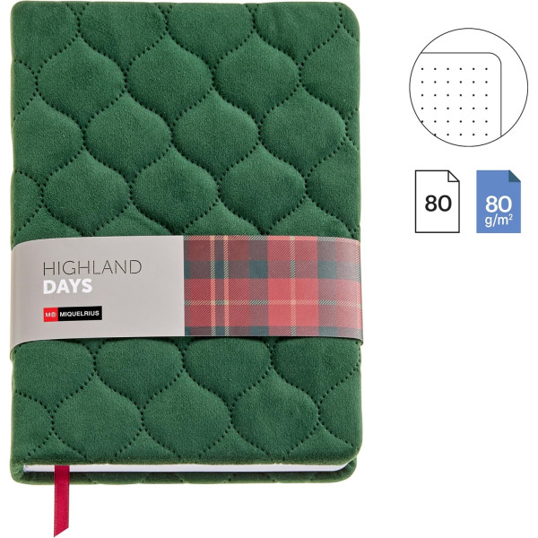Carnet - A5 - 14x20cm - 80 pages pointillées - Velours matelassé vert - Miquelrius