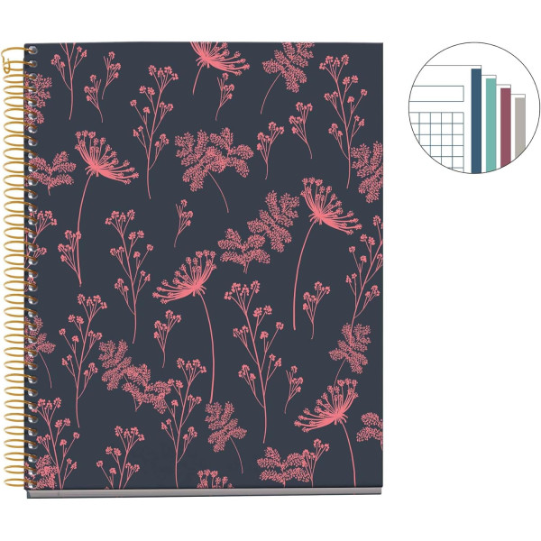 Carnet - A5 - Spirale - 100 feuilles - Petits carreaux - Couverture florale néon - Miquelrius