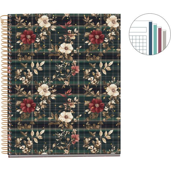 Carnet - A5 - Spirale - 100 feuilles - Petits carreaux - Couverture tartan fleuri - Miquelrius