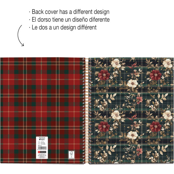Carnet - A5 - Spirale - 100 feuilles - Petits carreaux - Couverture tartan fleuri - Miquelrius