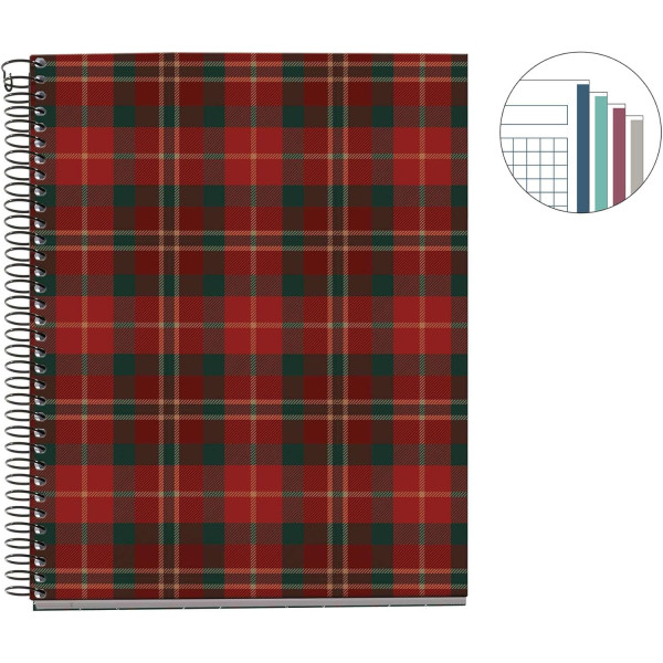 Carnet - A5 - Spirale - 100 feuilles - Petits carreaux - Couverture tartan rouge - Miquelrius