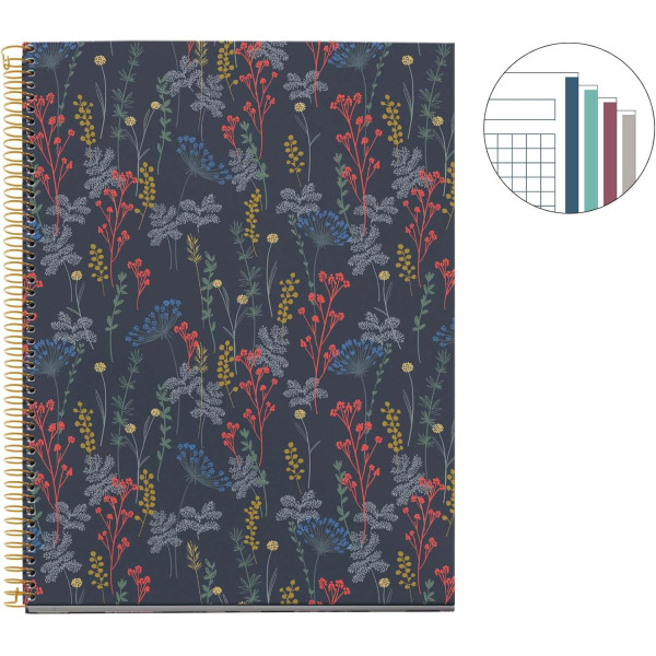 Cahier - A4 - Spirale - 100 feuilles - Petits carreaux - Couverture florale - Miquelrius
