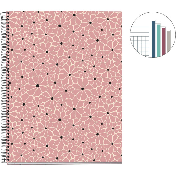 Cahier - A4 - Spirale - 100 feuilles - Petits carreaux - Couverture florale rose - Miquelrius