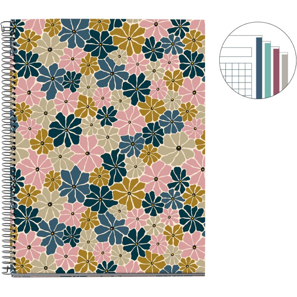 Cahier - A4 - Spirale - 100 feuilles - Petits carreaux - Couverture florale - Miquelrius