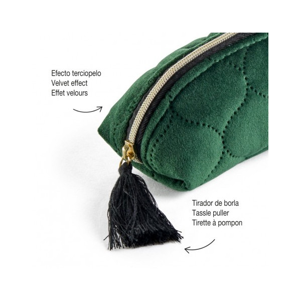 Trousse - Velours - Vert - Avec pompon - Pour l'école, petites fournitures