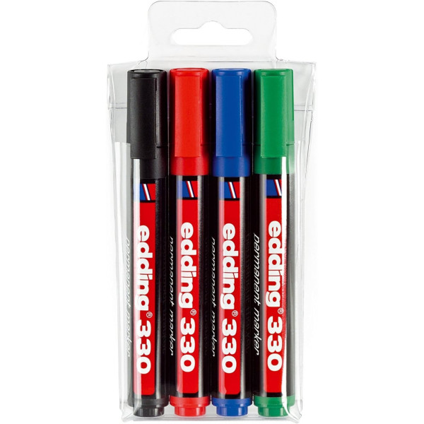 4 marqueurs - Bleu, noir, rouge, vert - Indélébile - Permanent - Pointe biseautée 1-5mm - Edding 330