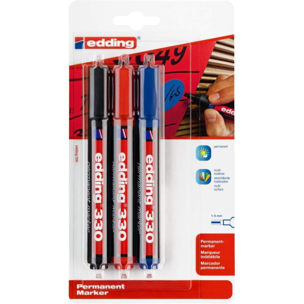 photo-3 marqueurs - Bleu, noir, rouge - Indélébile - Permanent - Pointe biseautée 1-5mm - Edding 330