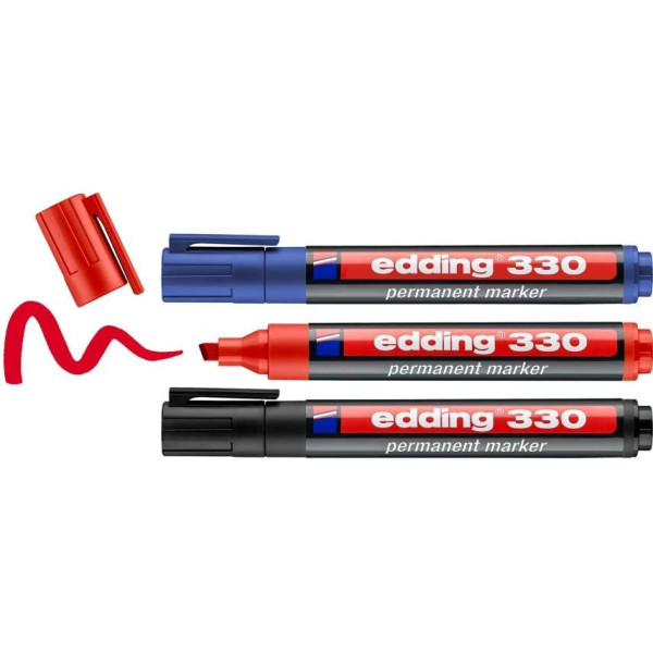 3 marqueurs - Bleu, noir, rouge - Indélébile - Permanent - Pointe biseautée 1-5mm - Edding 330