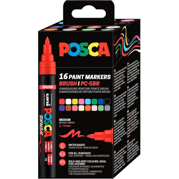 photo-Feutres - POSCA - PC-5BR - Pointe moyenne brush - 16 couleurs - Tous supports