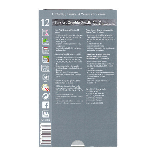Crayons graphite - 12 pièces 9B/8B/7B/6B/5B/4B/3B/2B/B/HB/F/2H - Boîte métal - Cretacolor Cleos