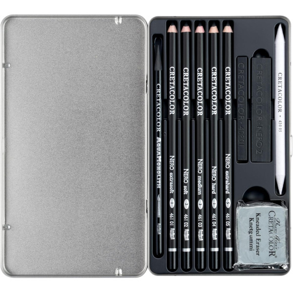 Coffret dessin - 10 pièces - Crayons Nero, Aqua Monolith, estompes et gomme - Cretacolor Deep Black