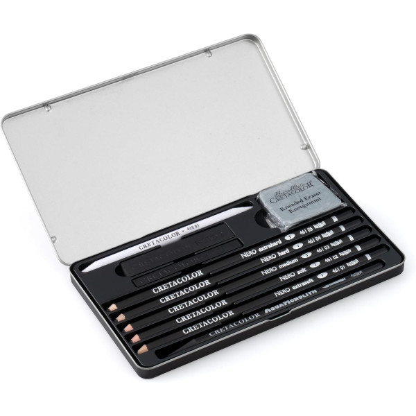 Coffret dessin - 10 pièces - Crayons Nero, Aqua Monolith, estompes et gomme - Cretacolor Deep Black