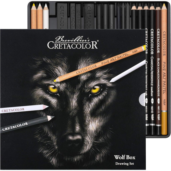 Coffret dessin - 25 pièces - Crayons beaux-arts + pastels + fusains + mines - Cretacolor Wolf Box