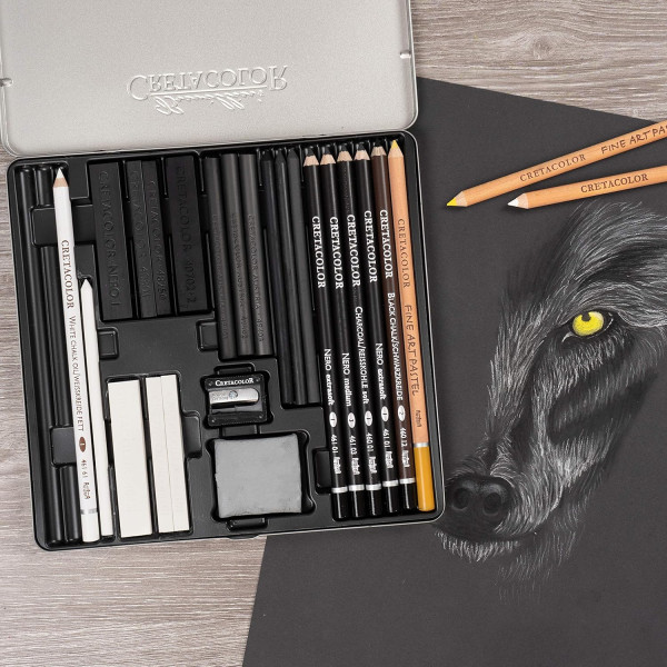 Coffret dessin - 25 pièces - Crayons beaux-arts + pastels + fusains + mines - Cretacolor Wolf Box