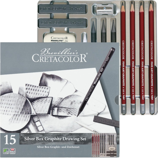 photo-Coffret dessin - 15 pièces - Crayons graphite + bâtons graphite + accessoires - Cretacolor Silver Box