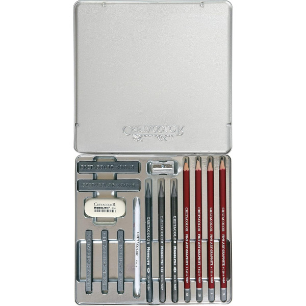 Coffret dessin - 15 pièces - Crayons graphite + bâtons graphite + accessoires - Cretacolor Silver Box