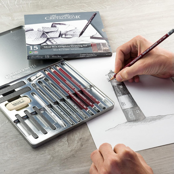 Coffret dessin - 15 pièces - Crayons graphite + bâtons graphite + accessoires - Cretacolor Silver Box