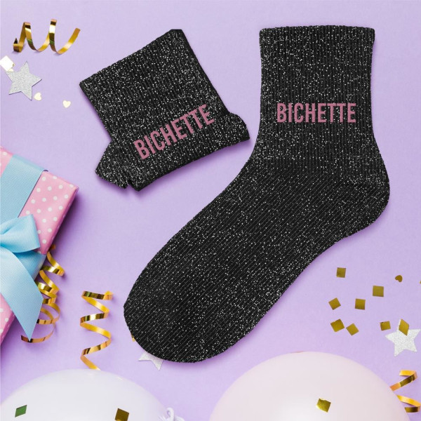 Chaussettes - Femme - Noir avec paillettes - Bichette - Taille 36/42 - Humour - Cadeau