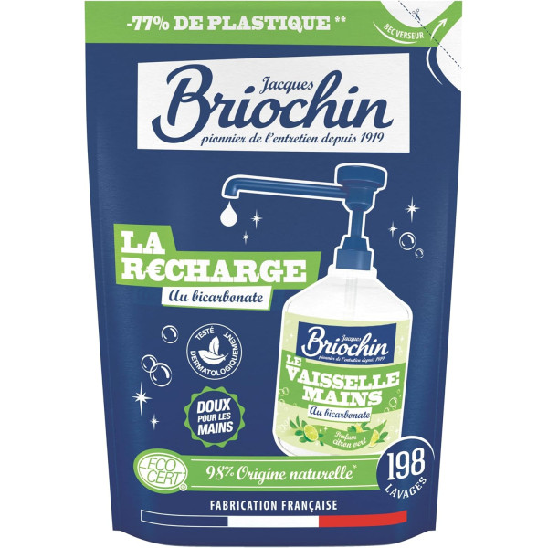 photo-Recharge liquide vaisselle et mains - Au bicarbonate - Parfum citron vert - Briochin - 450ml