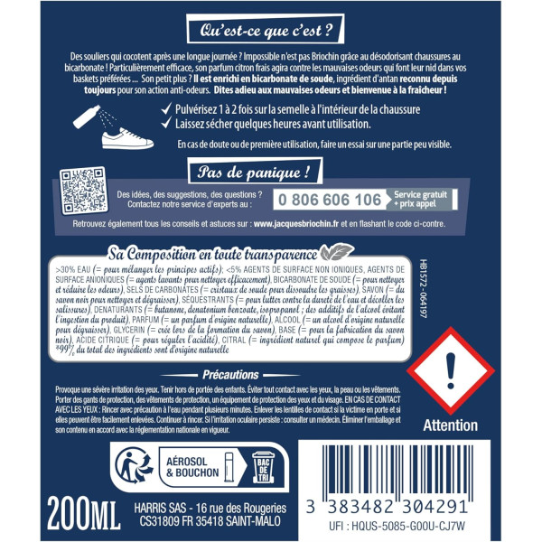 Désodorisant pour chaussures - Au bicarbonate - Parfum citron - Briochin - 200ml