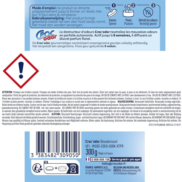 Destructeur d'odeur - Toilettes, cuisine, humidité, renfermé - Parfum fleur - Croc Odor