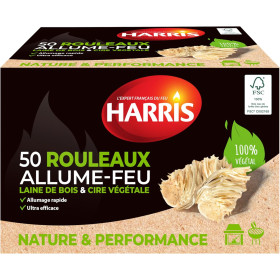 photo-Allume-feu - Naturel - Laine de bois et cire - Allumage rapide - 50 rouleaux - Harris