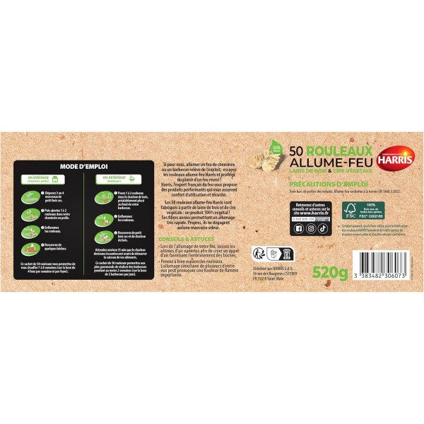 Allume-feu - Naturel - Laine de bois et cire - Allumage rapide - 50 rouleaux - Harris