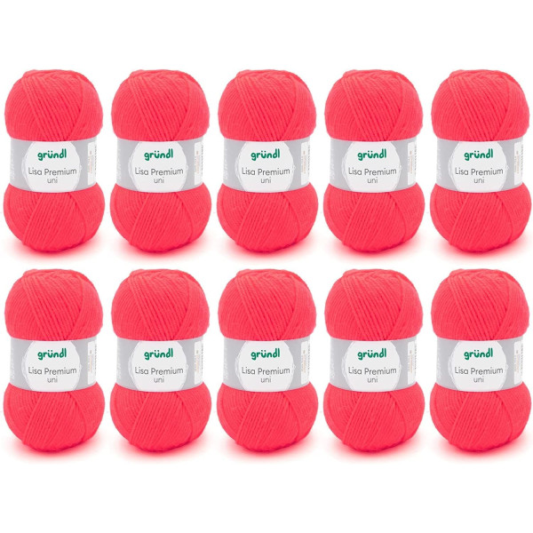 photo-10 pelotes de laine - Corail fluo - 47 - 100% acrylique - 3,5/4,5 mm - Gründl - Lisa Premium