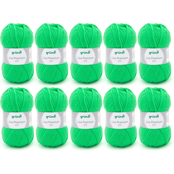 photo-10 pelotes de laine - Vert fluo - 29 - 100% acrylique - 3,5/4,5 mm - Gründl - Lisa Premium