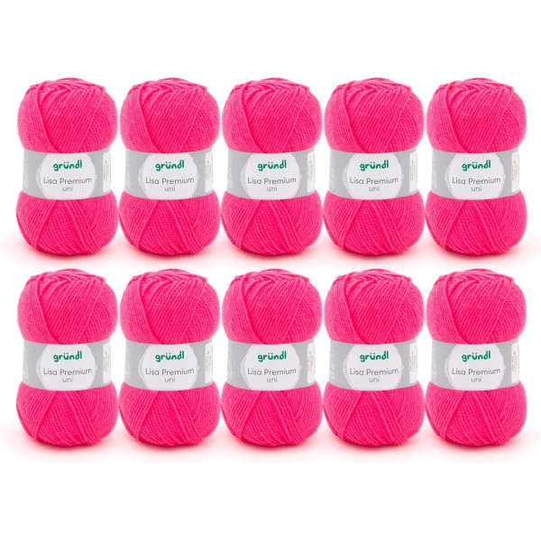 photo-10 pelotes de laine - Rose fluo - 30 - 100% acrylique - 3,5/4,5 mm - Gründl - Lisa Premium
