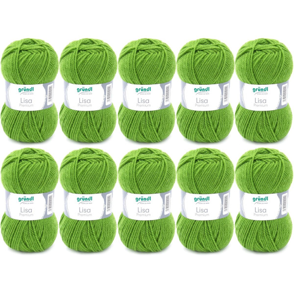 photo-10 pelotes de laine - Vert matcha - 33 - 100% acrylique - 3,5/4,5 mm - Gründl - Lisa Premium
