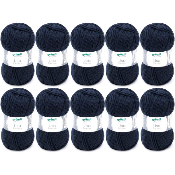 photo-10 pelotes de laine - Bleu marine - 19 - 100% acrylique - 3,5/4,5 mm - Gründl - Lisa Premium