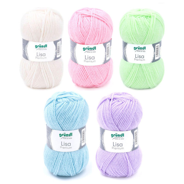 photo-5 pelotes de laine - Crème, rose bébé, vert fluo, bleu clair et lilas - 100% acrylique - Gründl - Lisa Premium
