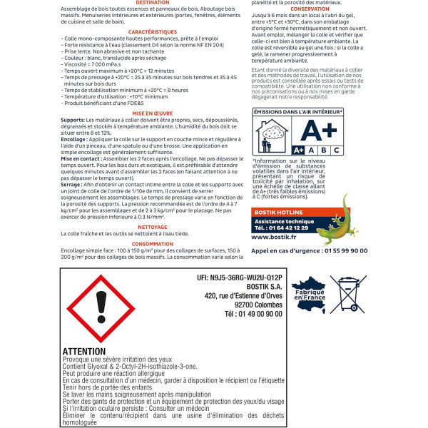 Colle vinylique à bois - Prise lente - Assemblage et plaçage - Extérieur et zone humide - Bostik - 5kg