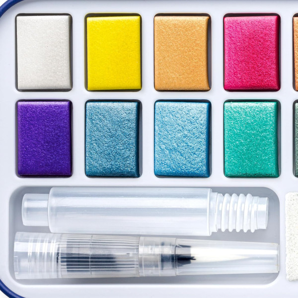 Peinture aquarelle - Kit voyage - 12 couleurs métalliques + 1 pinceau à eau + éponge - Staedtler