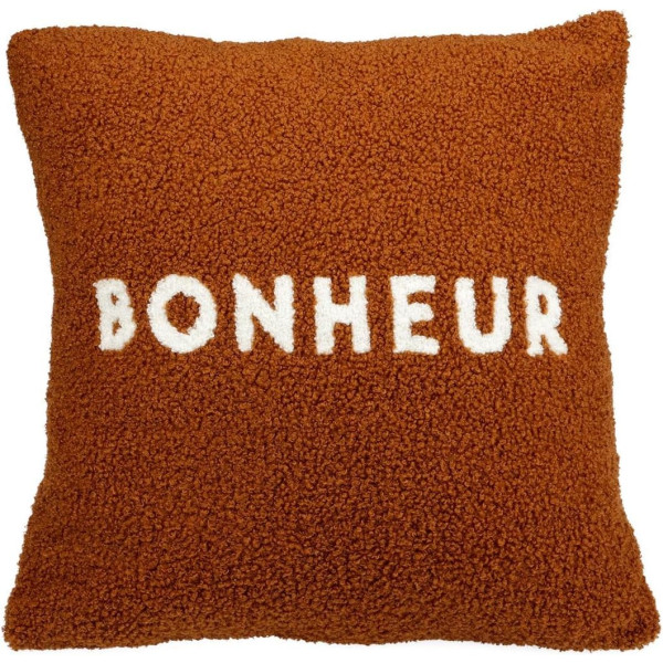 photo-Housse de coussin - Tissu bouclette - Marron - Carré - Bonheur - 40x40cm - Ostaria