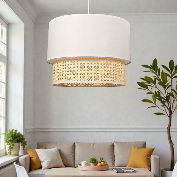 Suspension - Abat-jour - Rond - Cannage et tissu - 35cm diamètre - Chambre - Salon