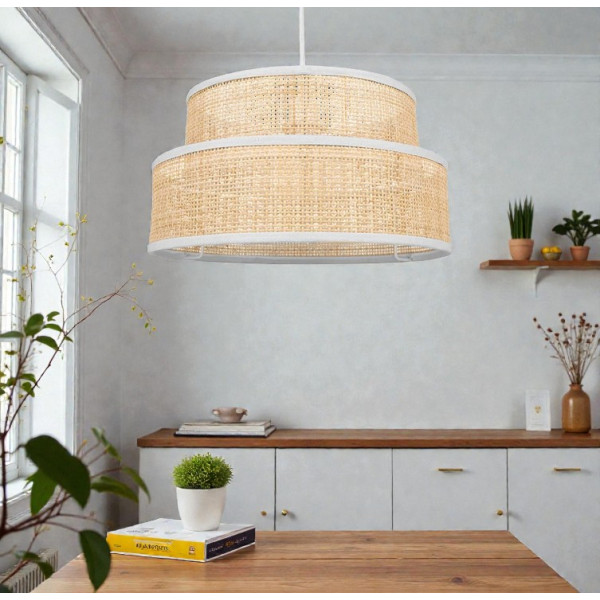 Suspension - Abat-jour - Rotin et tissu - Rond - 35cm diamètre - Gigogne - Ostaria