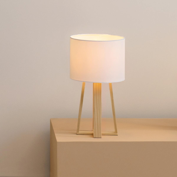 Lampe - A poser - Style scandinave - Pied bois naturel - Abat jour blanc - Chambre - Salon
