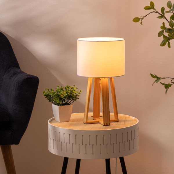 Lampe - A poser - Style scandinave - Pied bois naturel - Abat jour blanc - Chambre - Salon