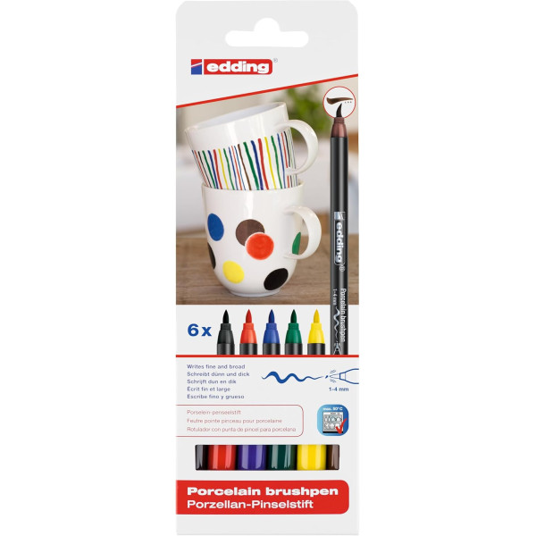 photo-Marqueurs - Feutres - Pour porcelaine - 6 couleurs classiques - Pointe pinceau - Edding