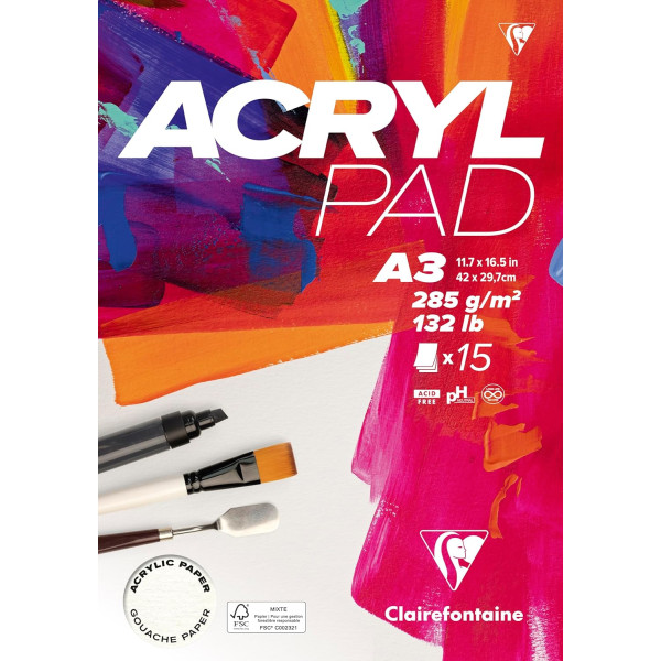 photo-Bloc - Acrylique - Gouache - A3 - 15 feuilles 285g - Blanc - Clairefontaine - Acryl Pad