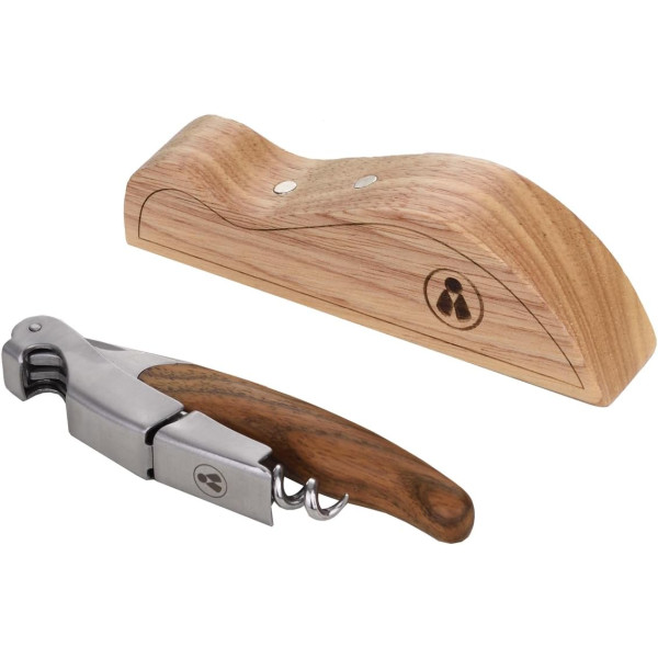 Tire-bouchon - Multi fonctions - Acier inox - Manche bois - Avec support en bois - Laguiole