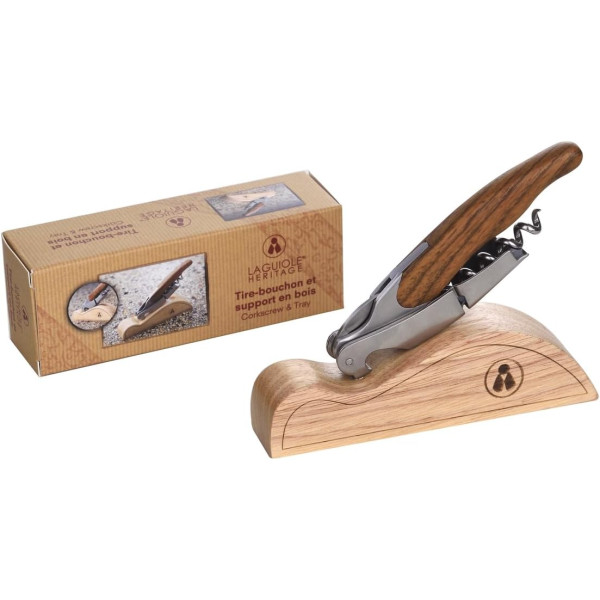 Tire-bouchon - Multi fonctions - Acier inox - Manche bois - Avec support en bois - Laguiole
