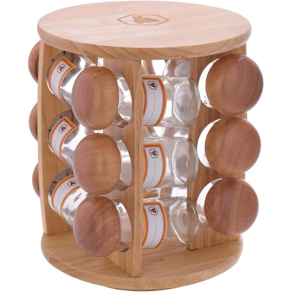 photo-Etagère à épices - 12 pots en verre - Distributeur en bois - 20x20x24cm - Laguiole