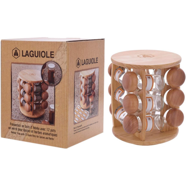 Etagère à épices - 12 pots en verre - Distributeur en bois - 20x20x24cm - Laguiole