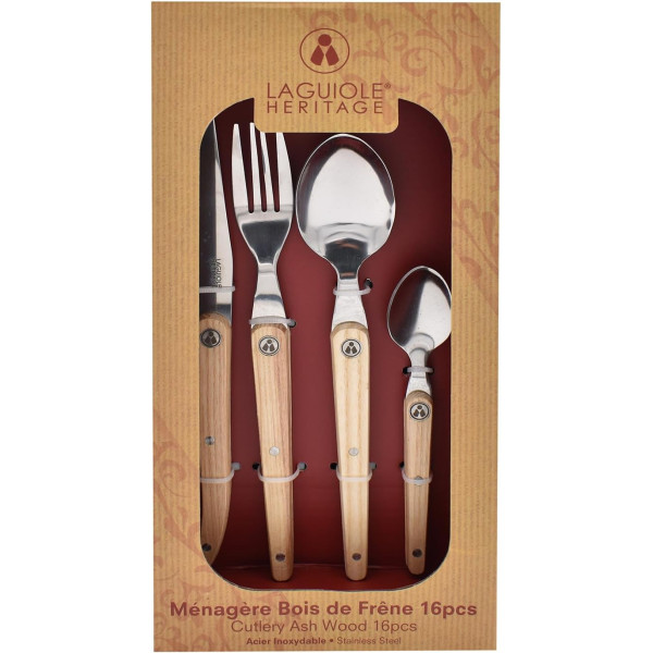Couverts - Ménagère de 16 pièces - Couteau, fourchette, cuillères - Manche bois - Laguiole